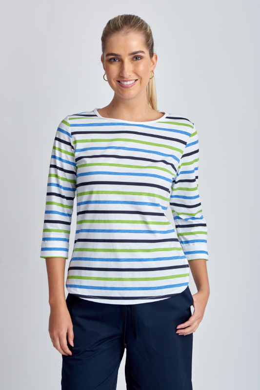 Goondiwindi Cotton Multi Stripe Raglan Tee | Kelly Green Combo