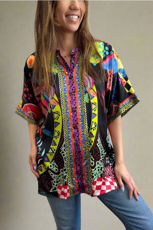 Johnny Was The Audrey Short Sleeve Mandarin Collar Tunic | Jenny Black Ground | C25825-4