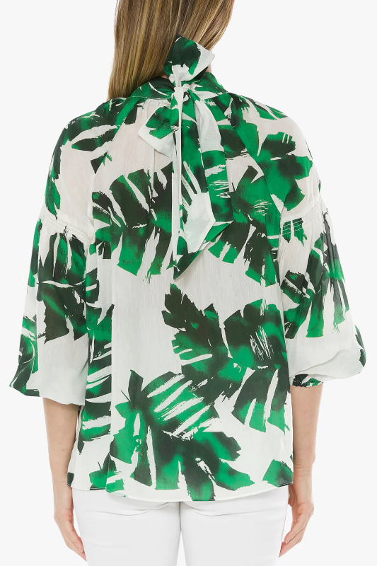 Ping Pong Pussy Bow Blouse | Mono Leaf Print