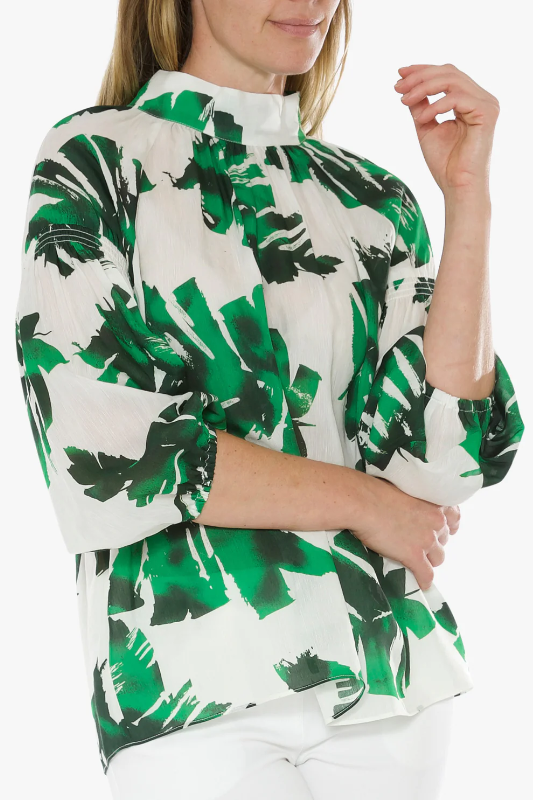 Ping Pong Pussy Bow Blouse | Mono Leaf Print