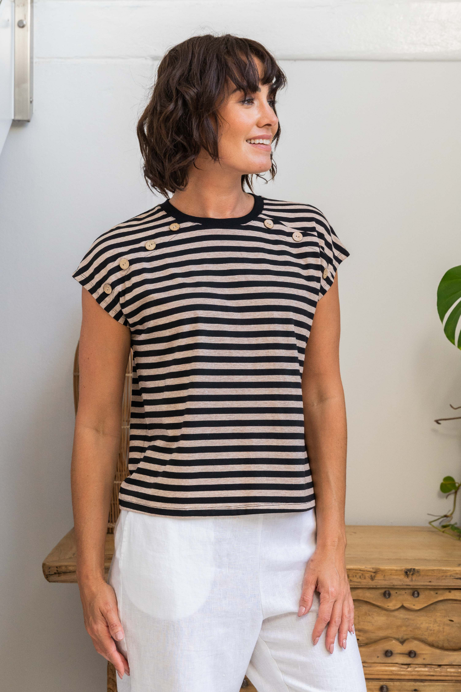 See Saw Button Detail Cap Sleeve Top | Black/Natural Stripe | 562