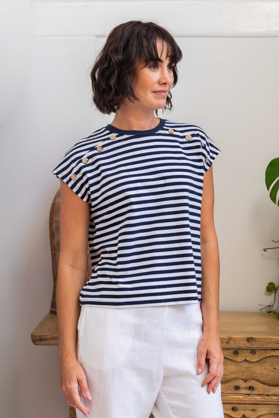 See Saw Button Detail Cap Sleeve Top in Navy/White Stripe
