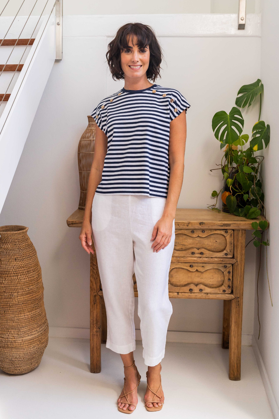 See Saw Button Detail Cap Sleeve Top in Navy/White Stripe