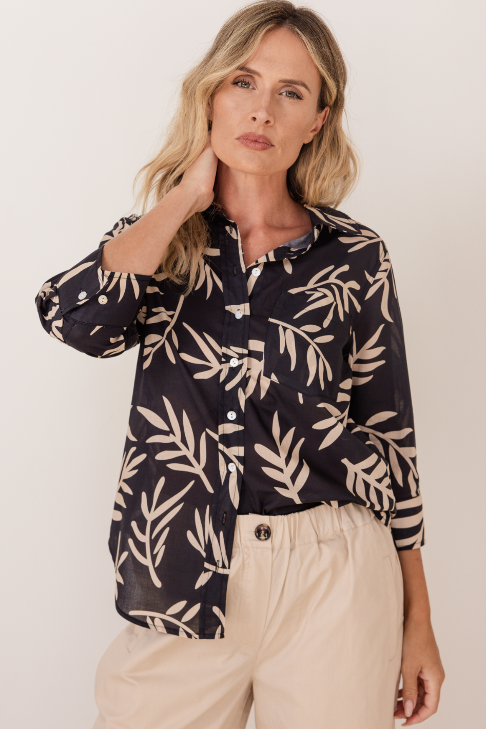 See Saw Cotton 3/4 Sleeve Shirt | Leaf Print