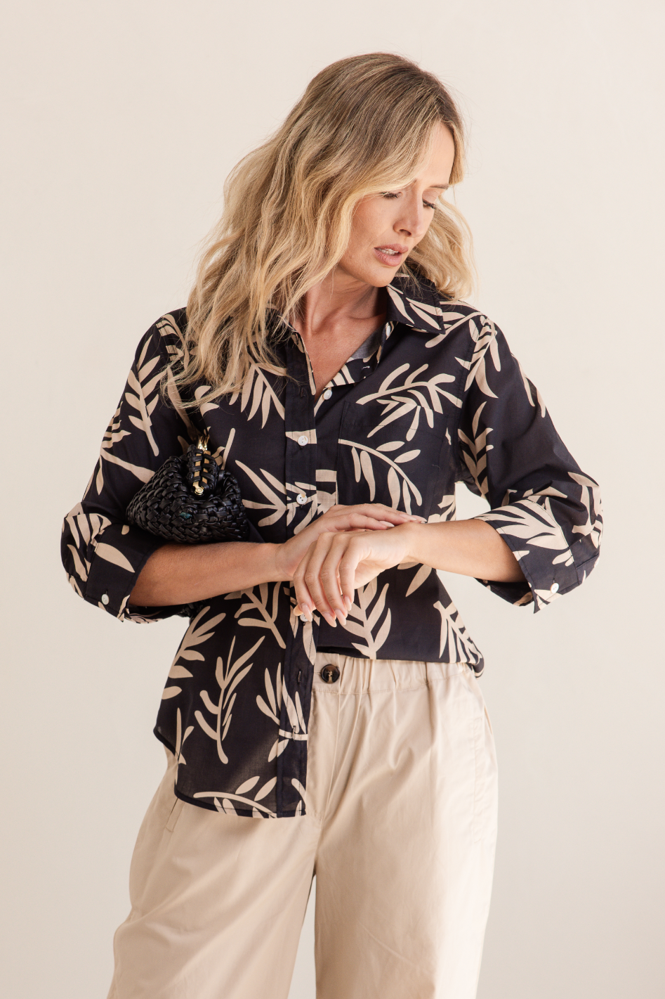 See Saw Cotton 3/4 Sleeve Shirt | Leaf Print