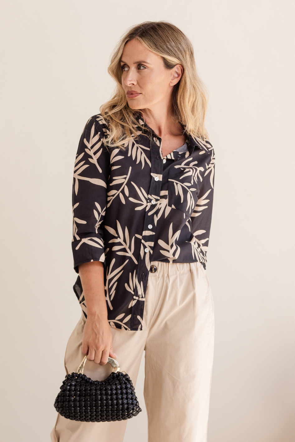 See Saw Cotton 3/4 Sleeve Shirt | Leaf Print