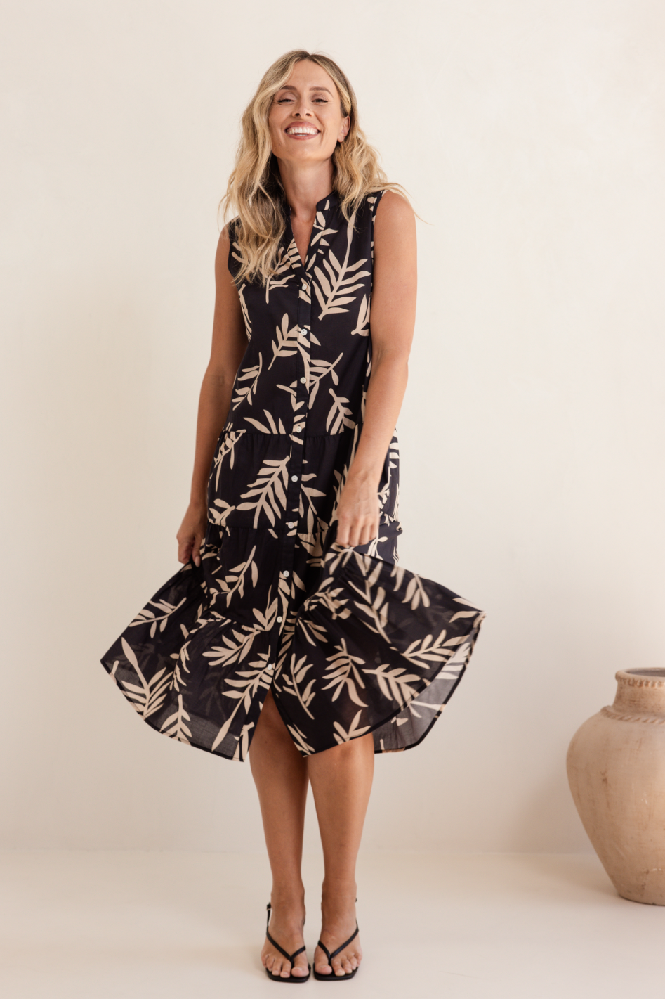 See Saw Cotton Sleeveless Tiered Dress | Leaf Print
