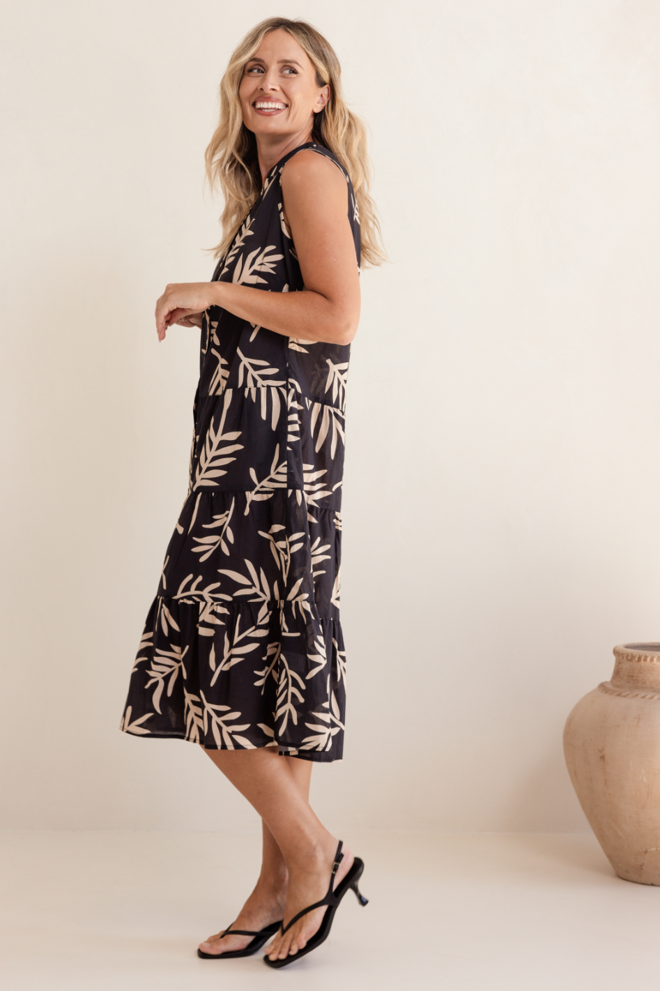 See Saw Cotton Sleeveless Tiered Dress | Leaf Print