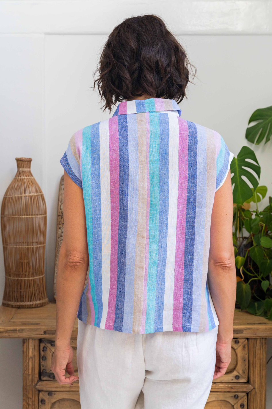 See Saw Linen Extended Sleeve Shirt in Denim/Pink Multi Stripe