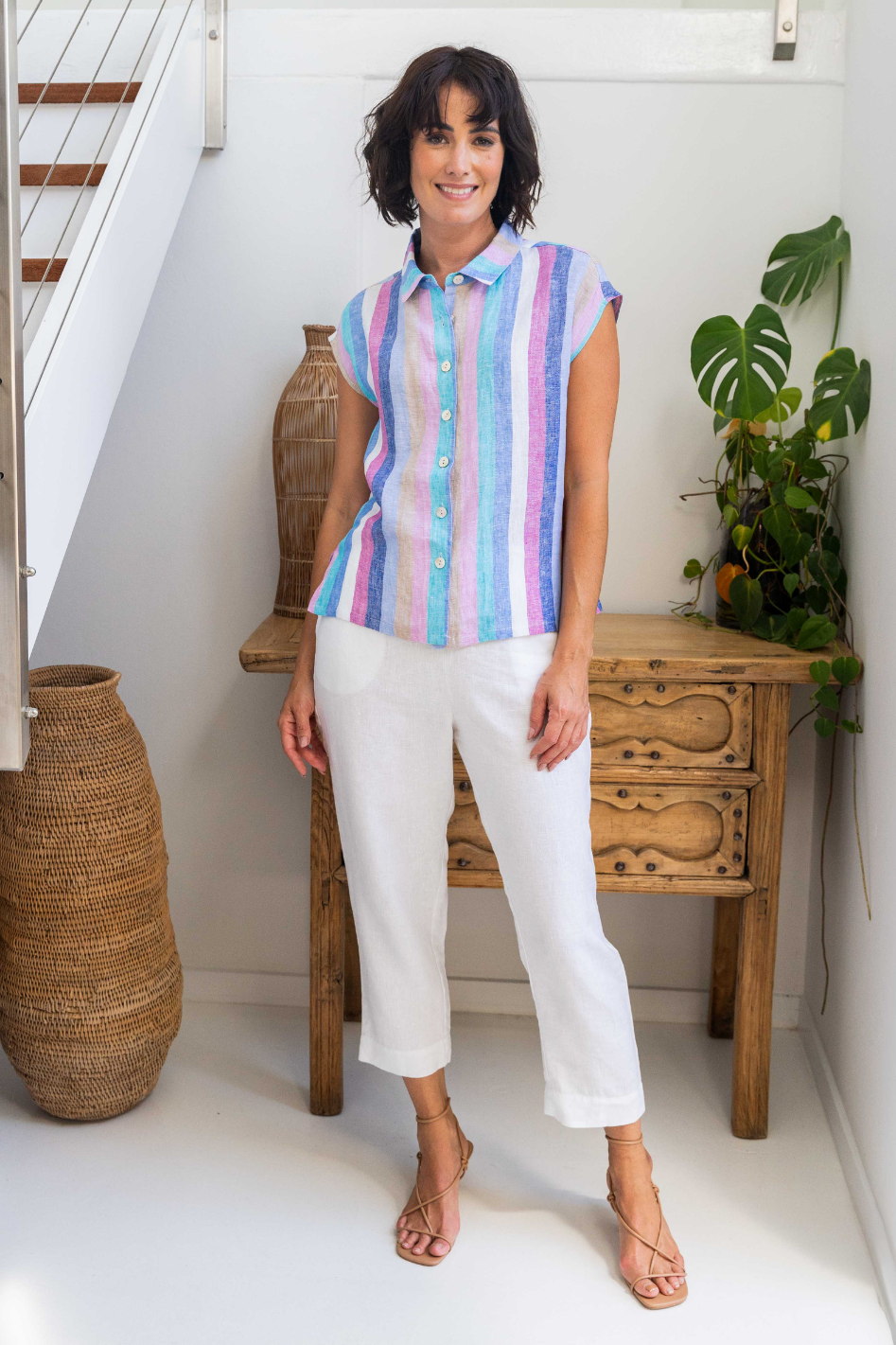 See Saw Linen Extended Sleeve Shirt in Denim/Pink Multi Stripe