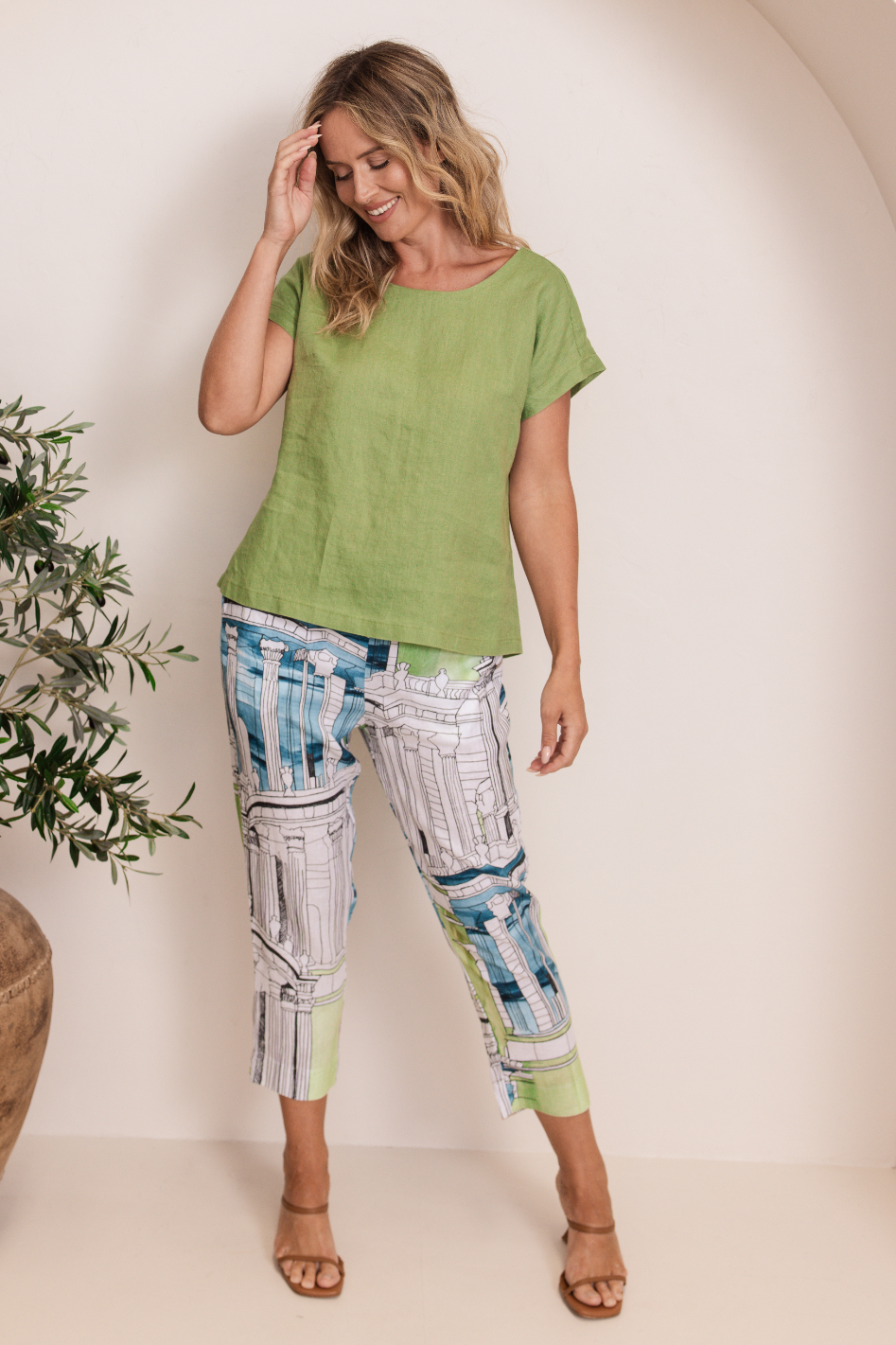 See Saw Linen 7/8 Flat Front Pant | Rome Print | 398
