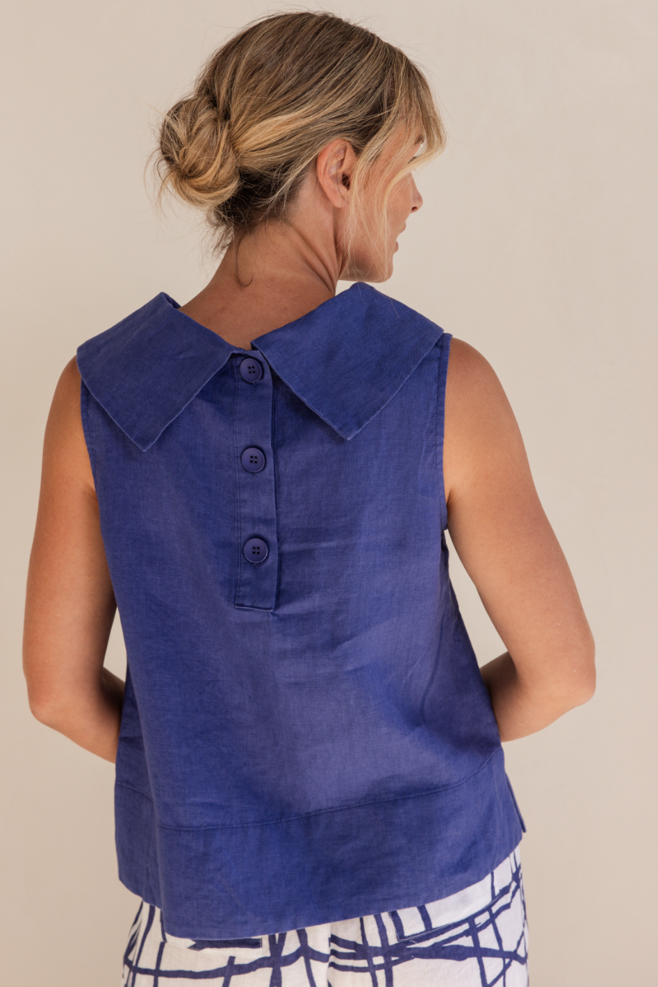 See Saw Linen Button Back Cowl Neck Top in Denim