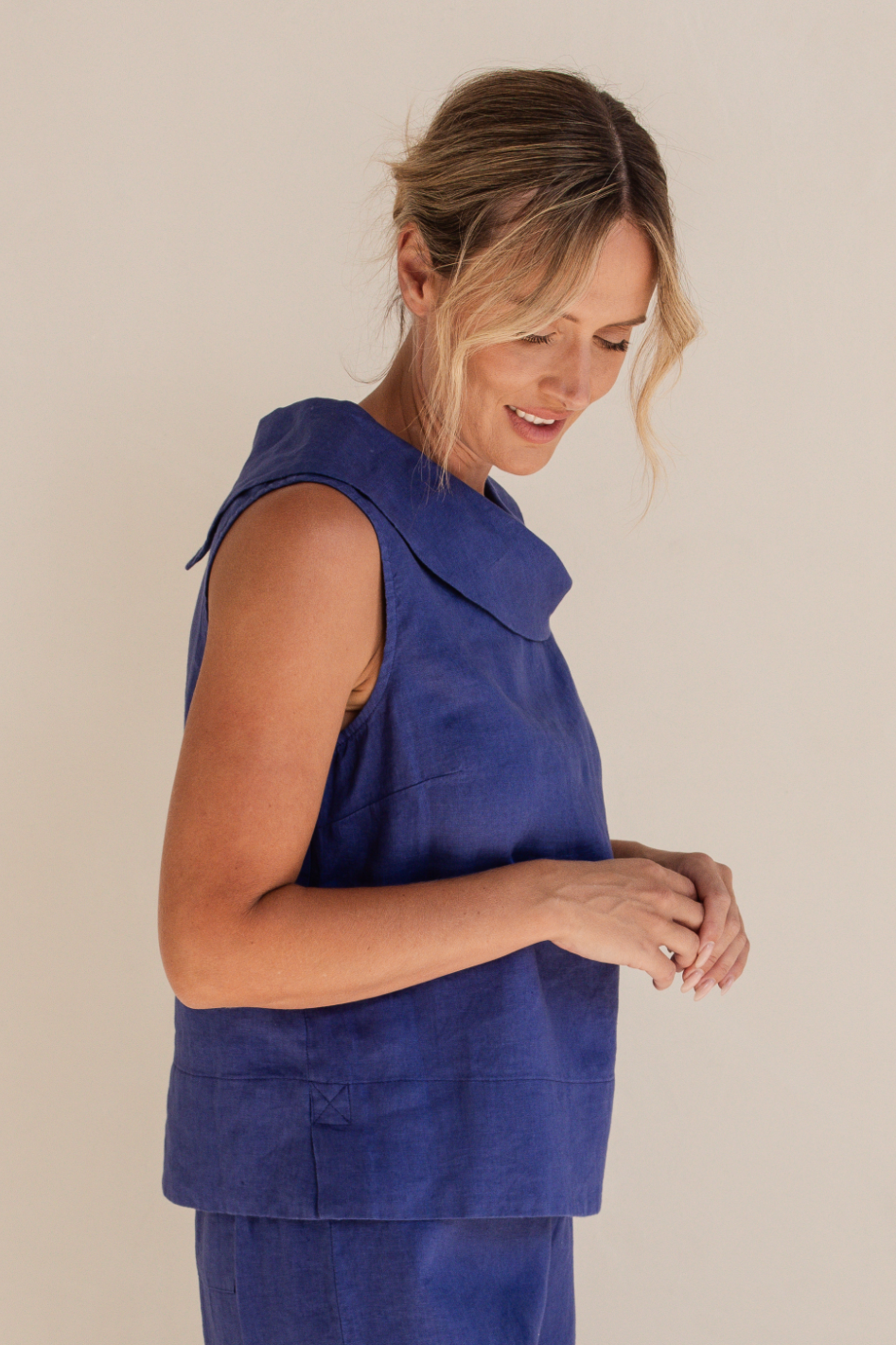 See Saw Linen Button Back Cowl Neck Top in Denim