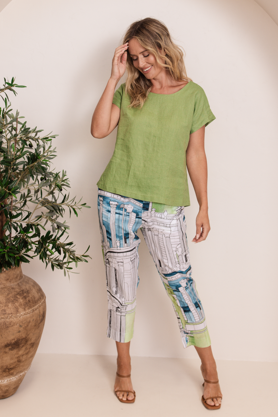 See Saw Linen Cap Sleeve Button Back Top | Pistachio | 324