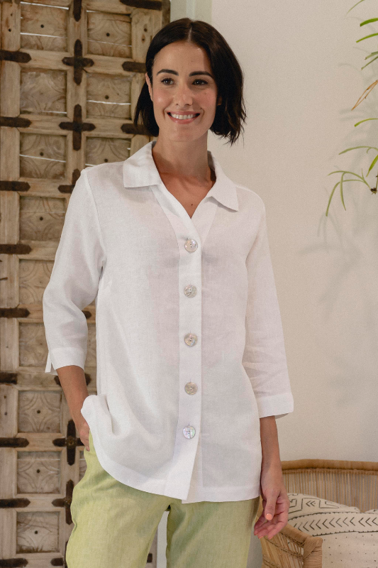 See Saw Linen 3/4 Sleeve Elegant Shirt | White