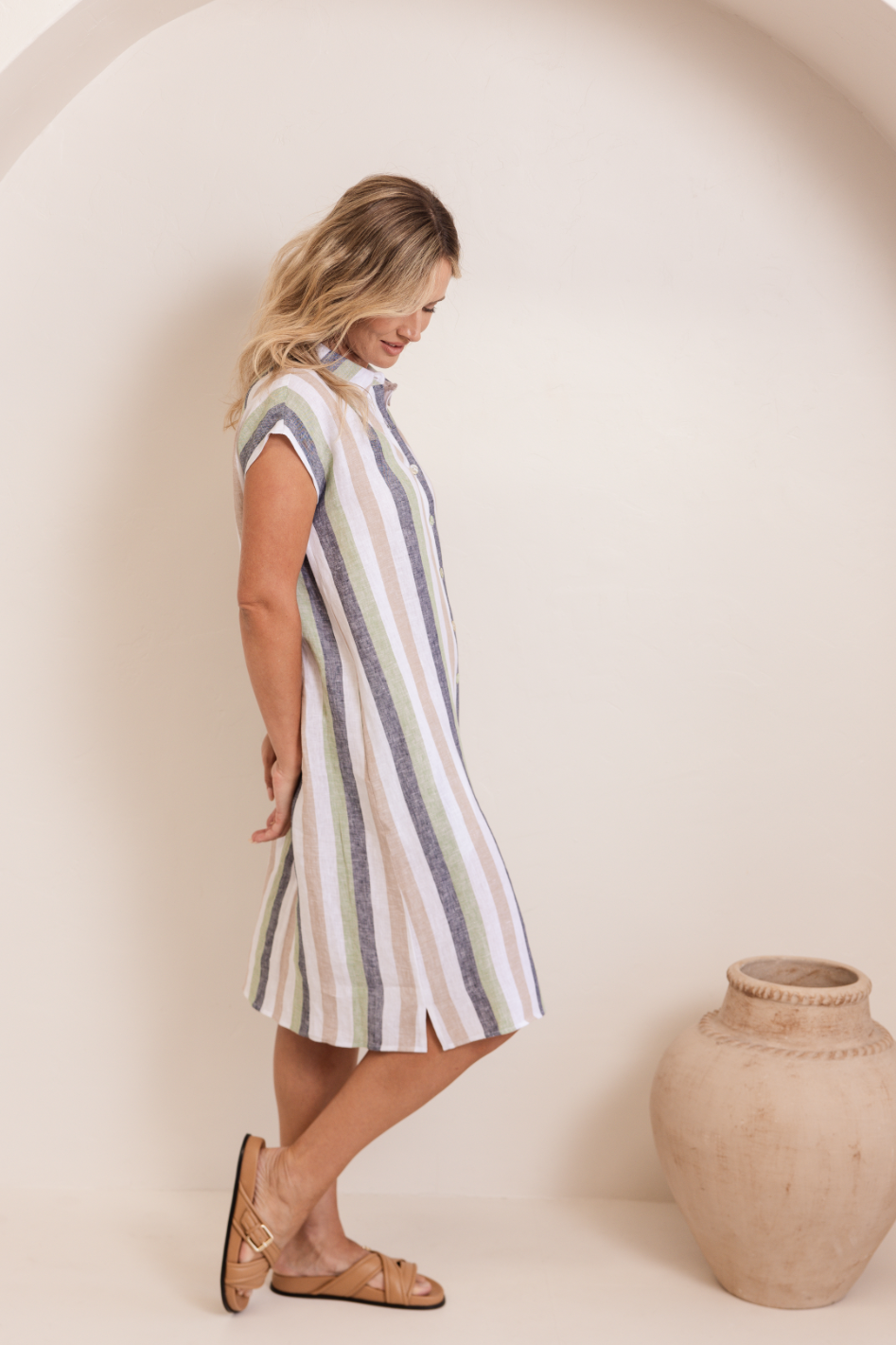 See Saw Linen Extended Sleeve Dress in Pistachio/Charcoal Multi Stripe
