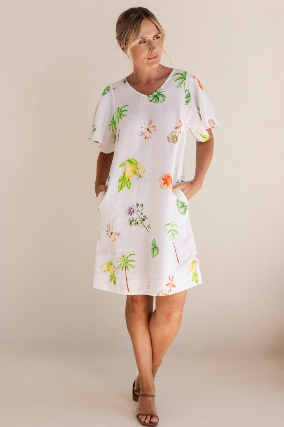 See Saw Linen Flutter Sleeve Dress in Paradise Print