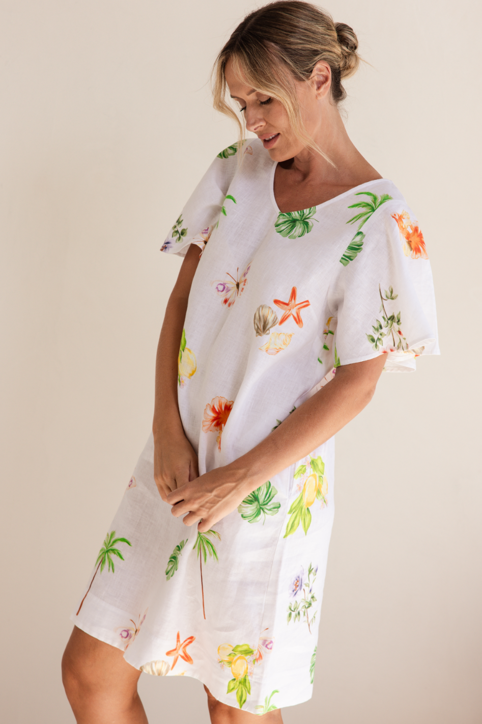 See Saw Linen Flutter Sleeve Dress in Paradise Print