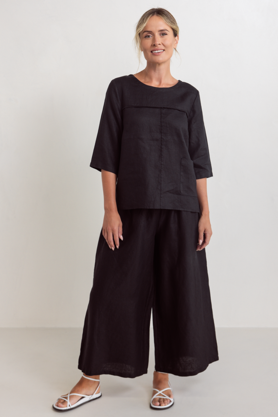 See Saw Linen 3/4 Sleeve Seam Detail Top | Black | 327