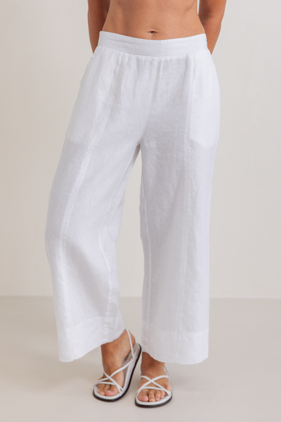 See Saw Linen 7/8 Seam Detail Wide Leg Pant | White | 363