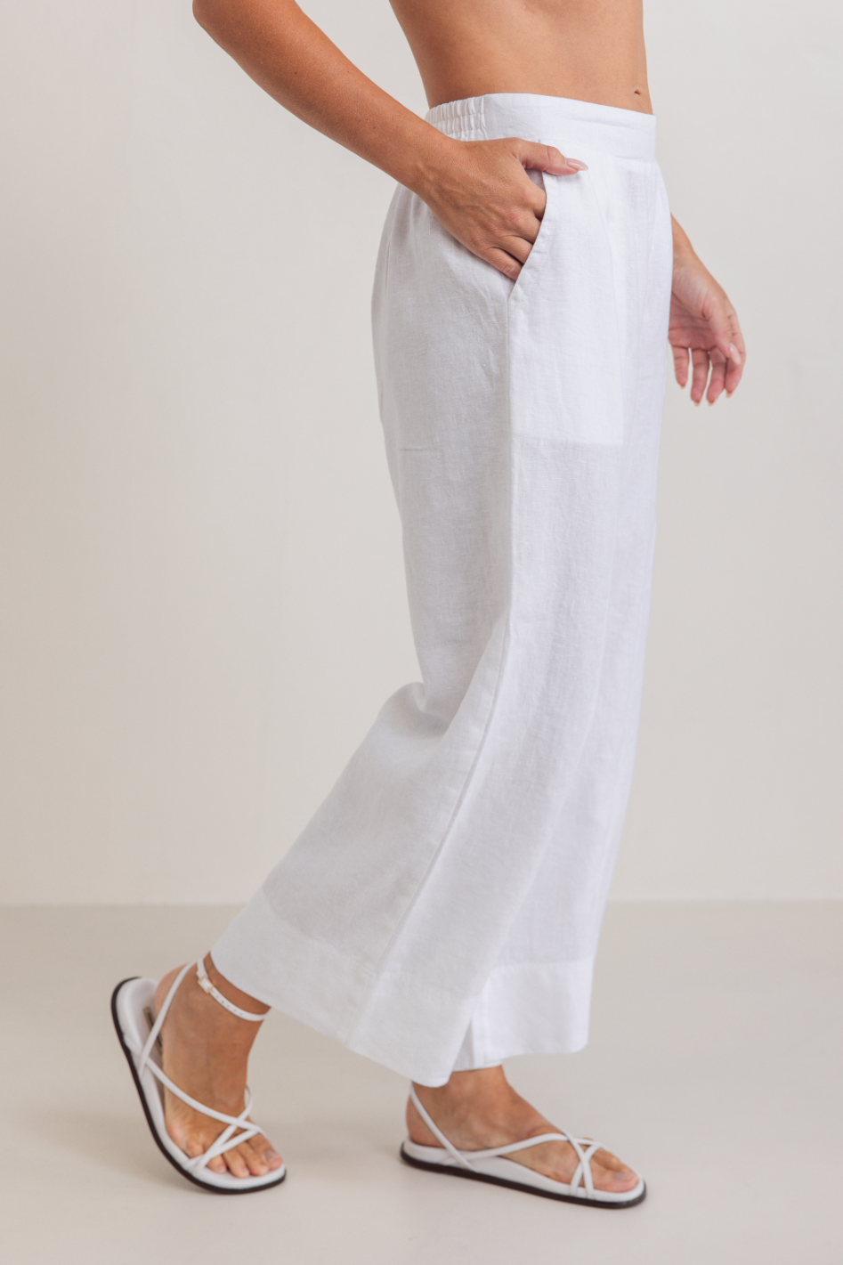 See Saw Linen 7/8 Seam Detail Wide Leg Pant | White | 363