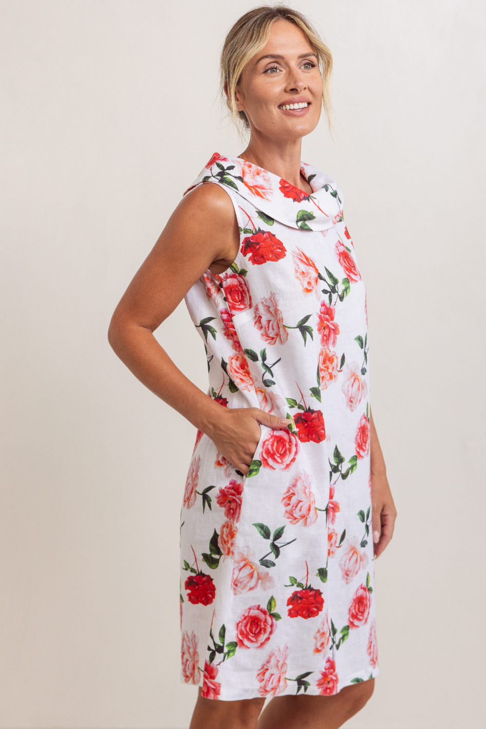 See Saw Linen Sleeveless Cowl Neck Dress in Roses Print