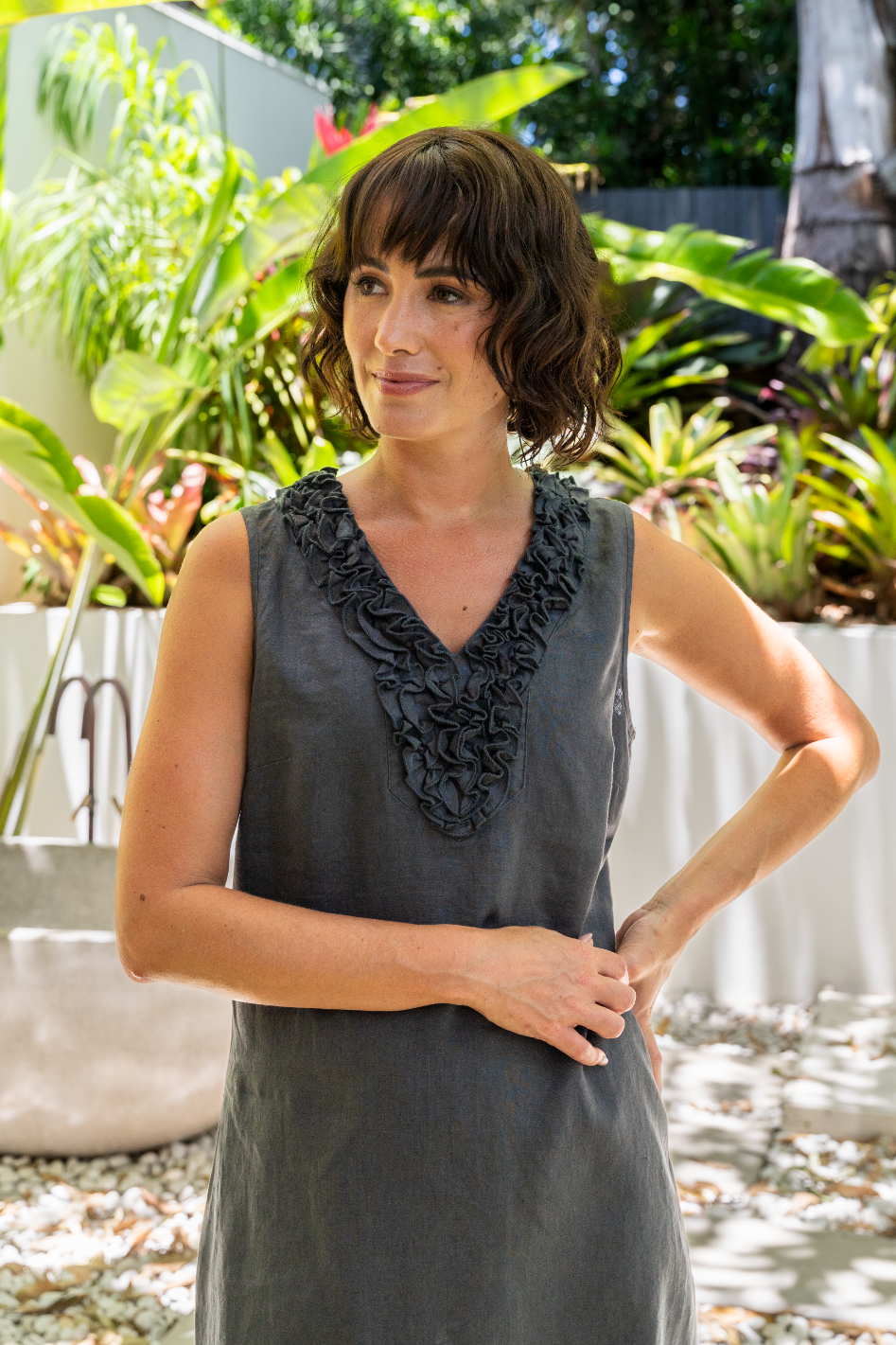 See Saw Linen Sleeveless Ruffle Front Dress | Charcoal | 340