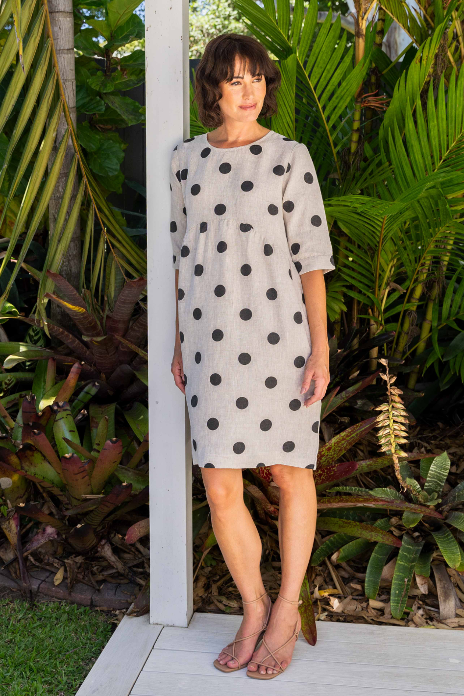 See Saw Linen Spot 3/4 Sleeve Button Back Dress | Black on Flax