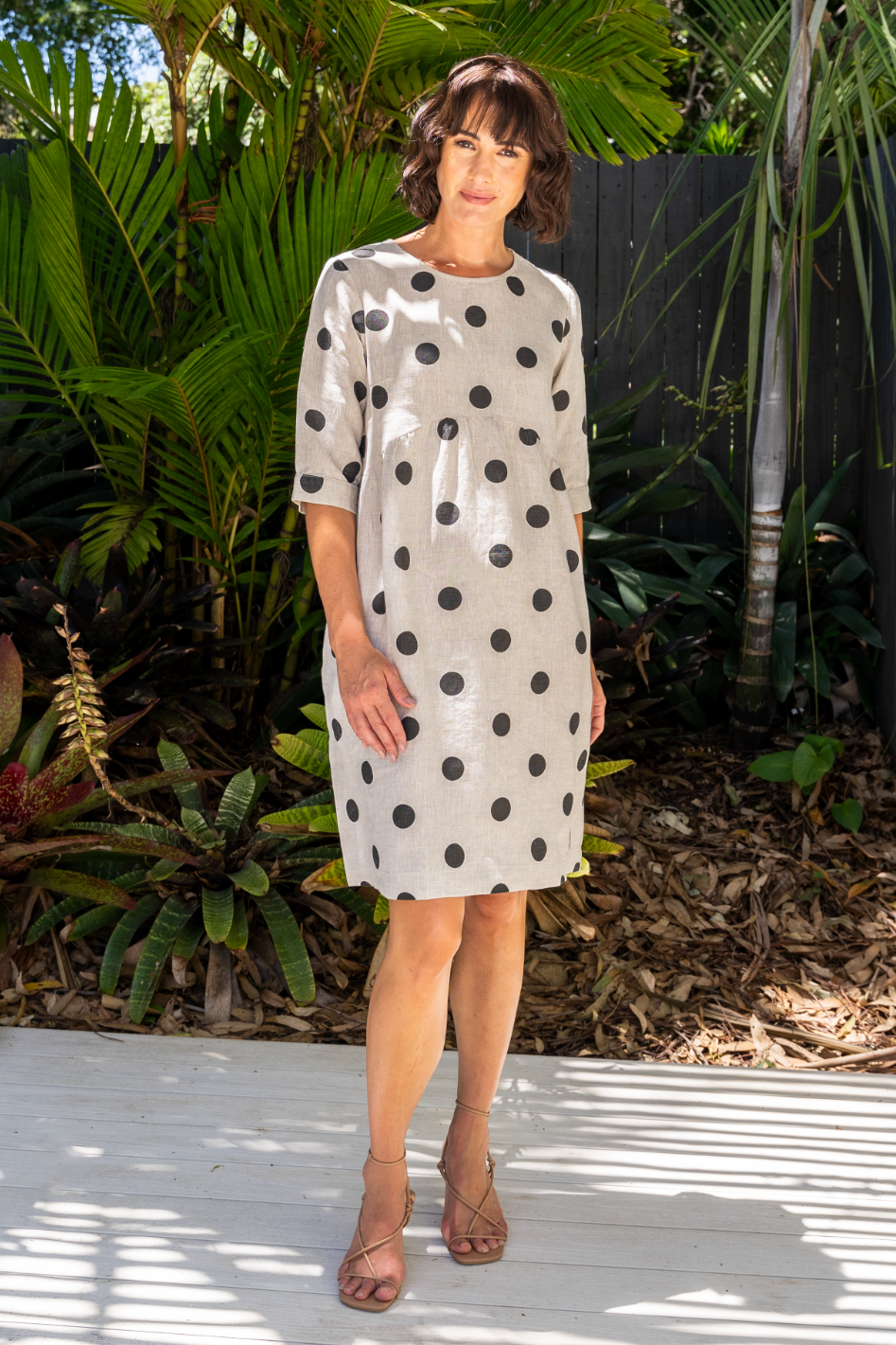 See Saw Linen Spot 3/4 Sleeve Button Back Dress | Black on Flax