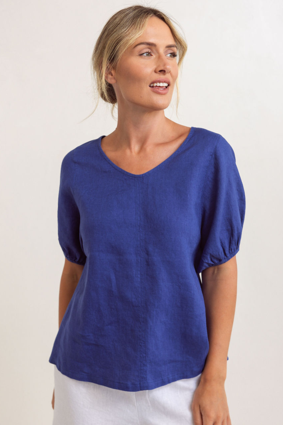 See Saw Linen V Neck Swing Top in Denim
