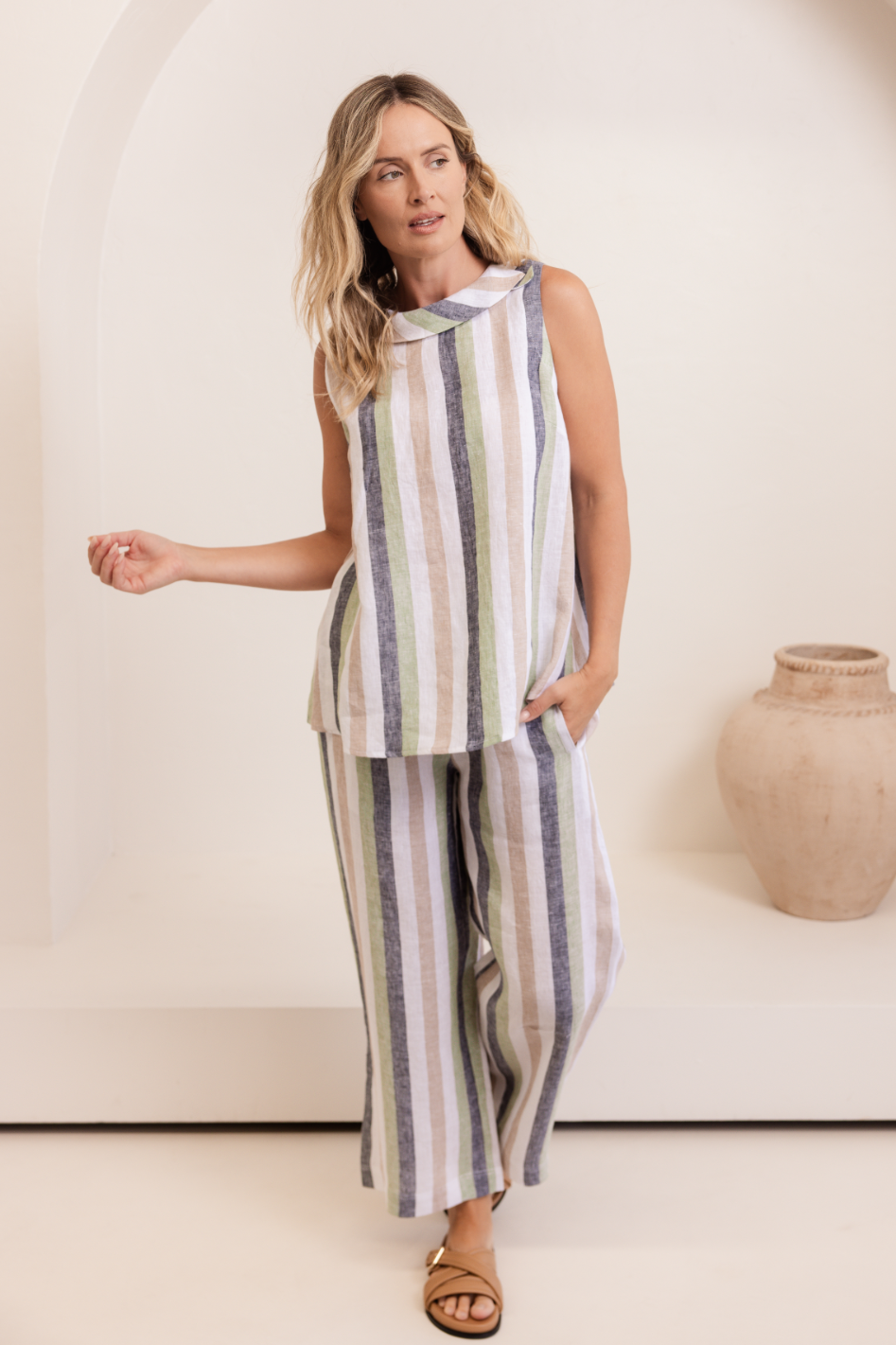 See Saw Linen 7/8 Wide Leg Elastic Waist Pant | Pistachio/Charcoal Multi Stripe | 458