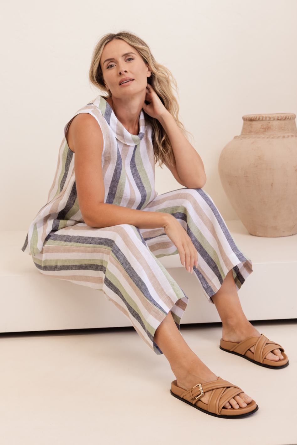 See Saw Linen 7/8 Wide Leg Elastic Waist Pant | Pistachio/Charcoal Multi Stripe | 458