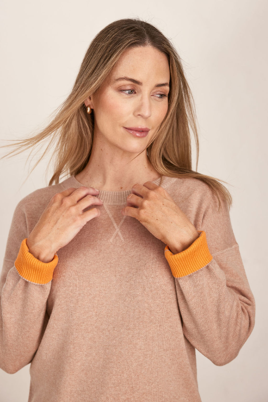 See Saw Cotton/Cashmere Sweater in Biscuit with Tango Trim