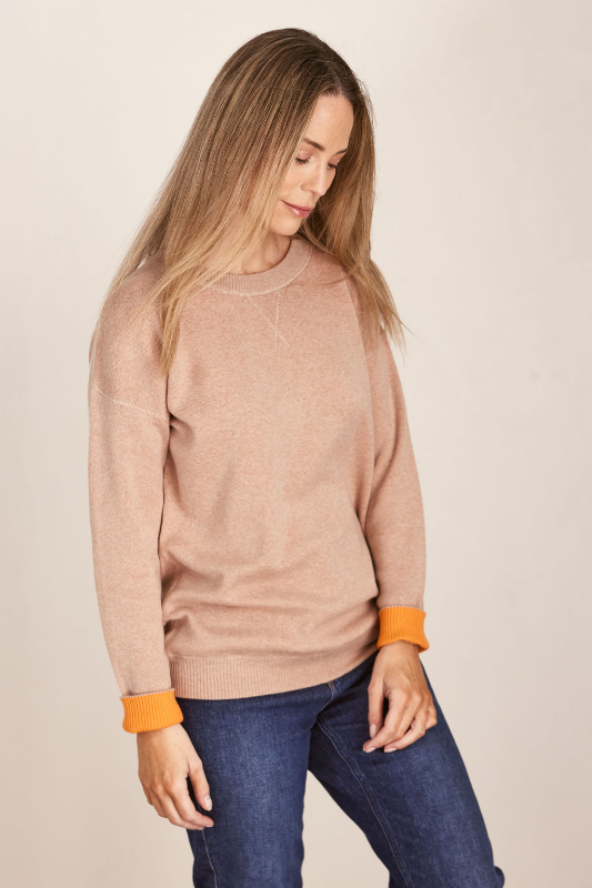 See Saw Cotton/Cashmere Sweater in Biscuit with Tango Trim