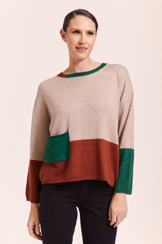 See Saw Wool Blend Colour Block Sweater | Stone/Nutmeg/Forest