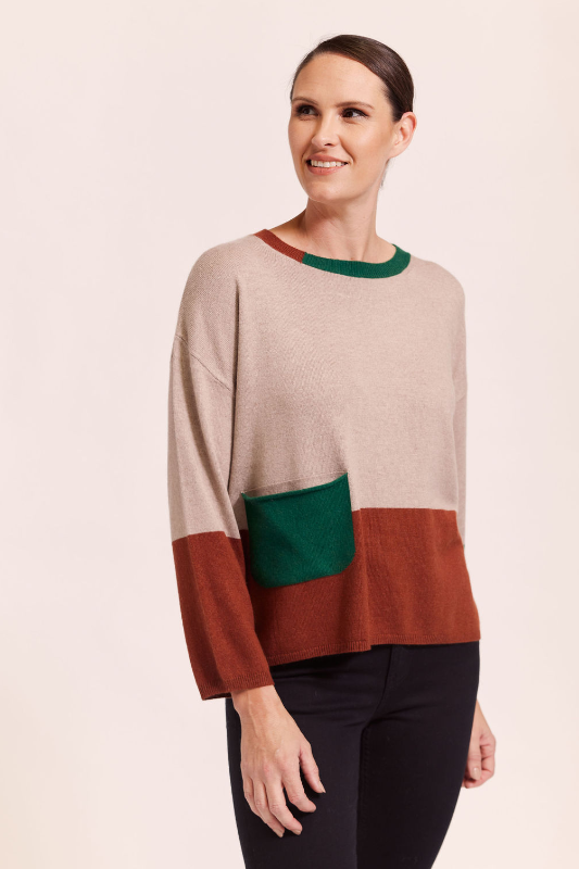 See Saw Wool Blend Colour Block Sweater | Stone/Nutmeg/Forest