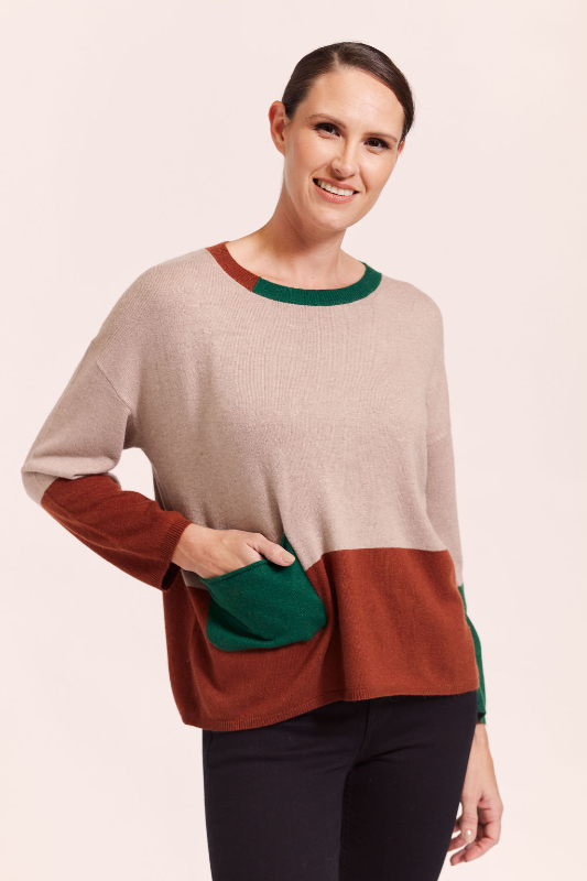 See Saw Wool Blend Colour Block Sweater | Stone/Nutmeg/Forest