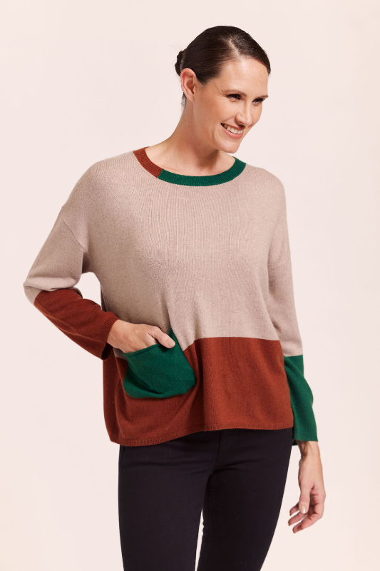 See Saw Wool Blend Colour Block Sweater | Stone/Nutmeg/Forest