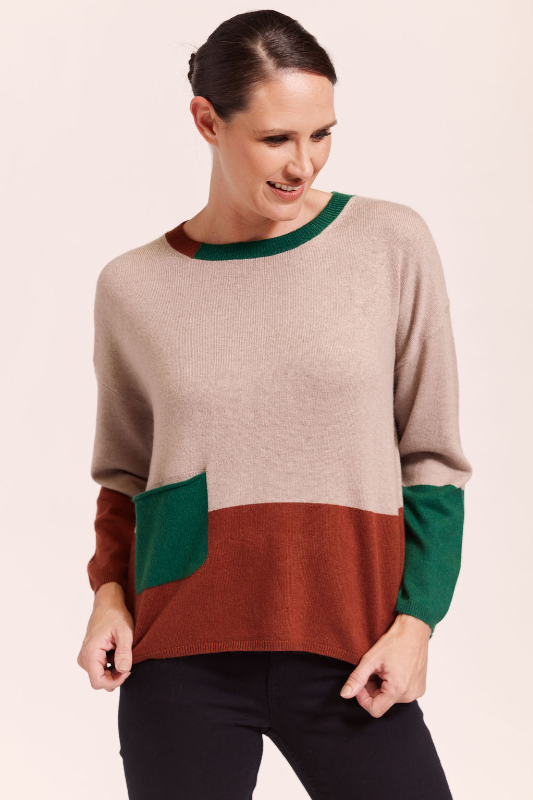 See Saw Wool Blend Colour Block Sweater | Stone/Nutmeg/Forest