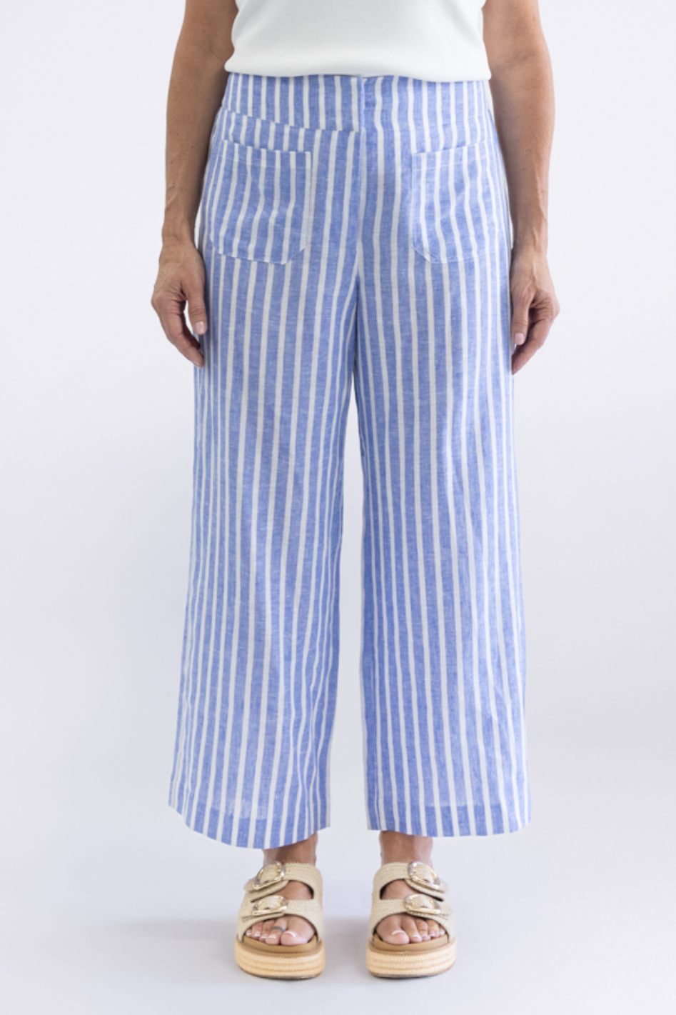 Two T's Amelia Stripe 7/8 Wide Leg Pant | Cornflower/White | 3442