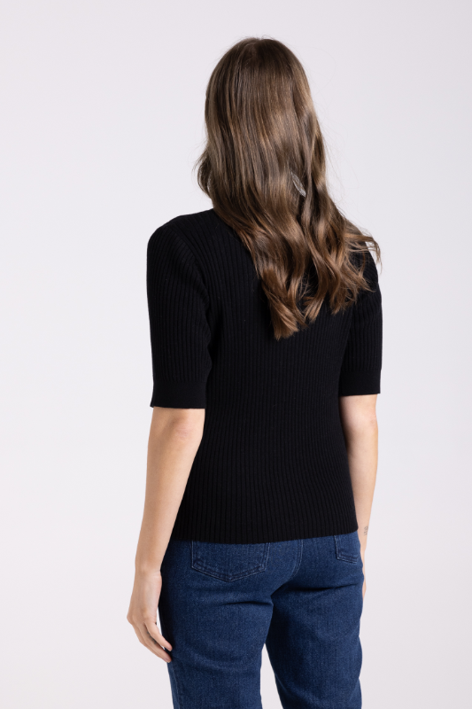 Two T's Rib Short Sleeve Crew Neck Knit | Black
