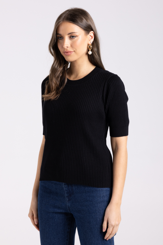 Two T's Rib Short Sleeve Crew Neck Knit | Black