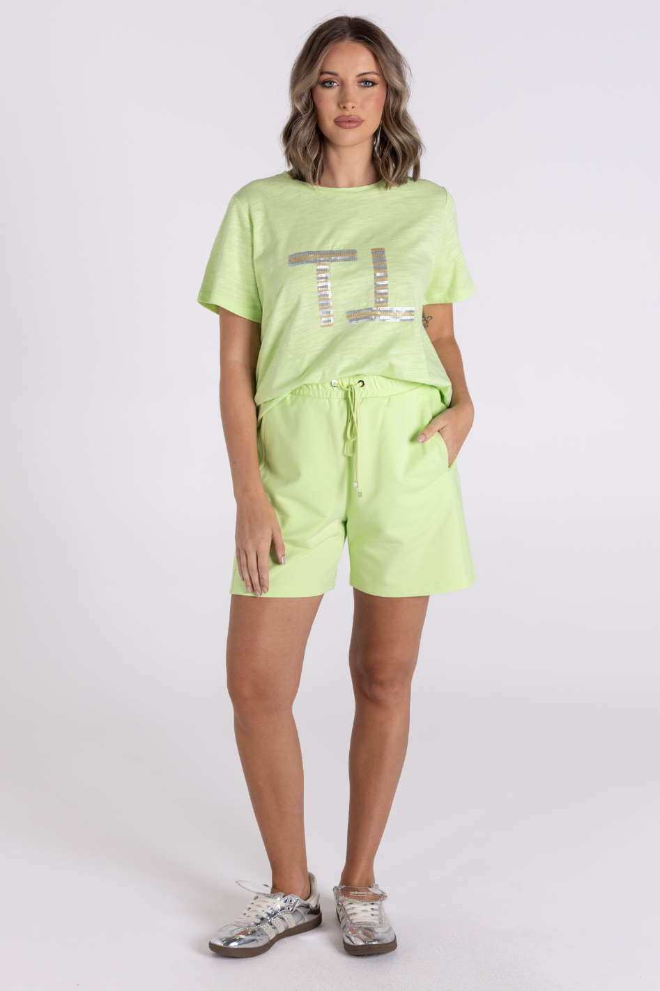 Two T's Track Short with Logo Patch in Lime