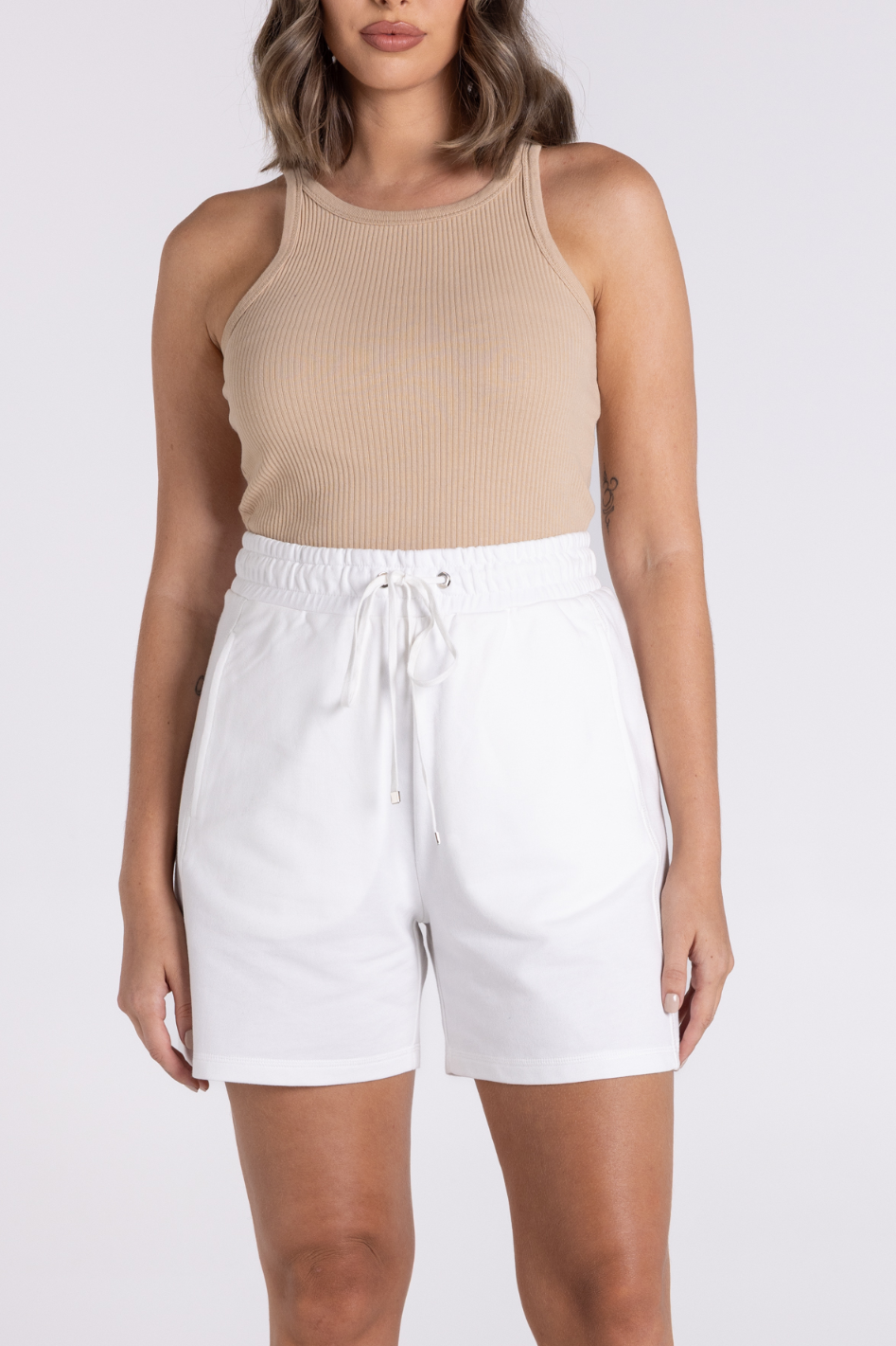 Two T's Track Short with Logo Patch | White | 3135