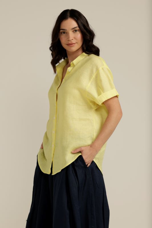 Cloth Paper Scissors Linen Cuffed Short Sleeve Shirt in Lemon