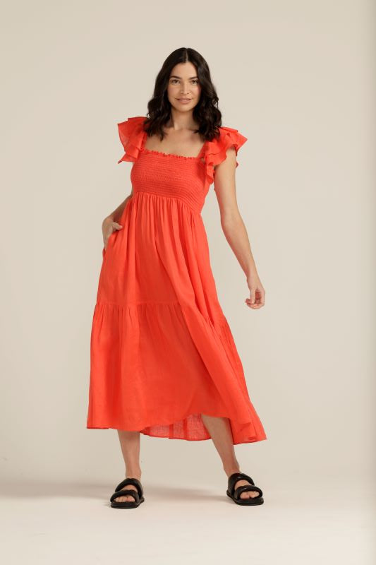 Cloth Paper Scissors Linen Shirred Bodice Ruffle Dress in Chilli Red Colourway