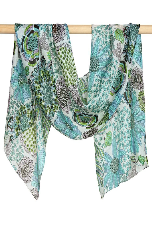 D-Lux Justine Flower Hand Printed Pure Silk Scarf | Jade