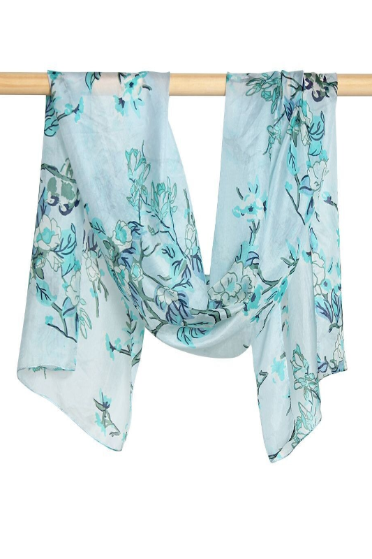 D-Lux Kyoto Cherry Blossom Hand Printed Pure Silk Scarf | Sage