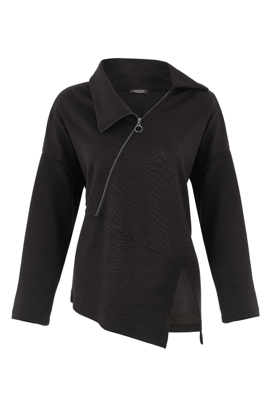 Dolcezza Asymmetrical Hem Zip Sweater in Black