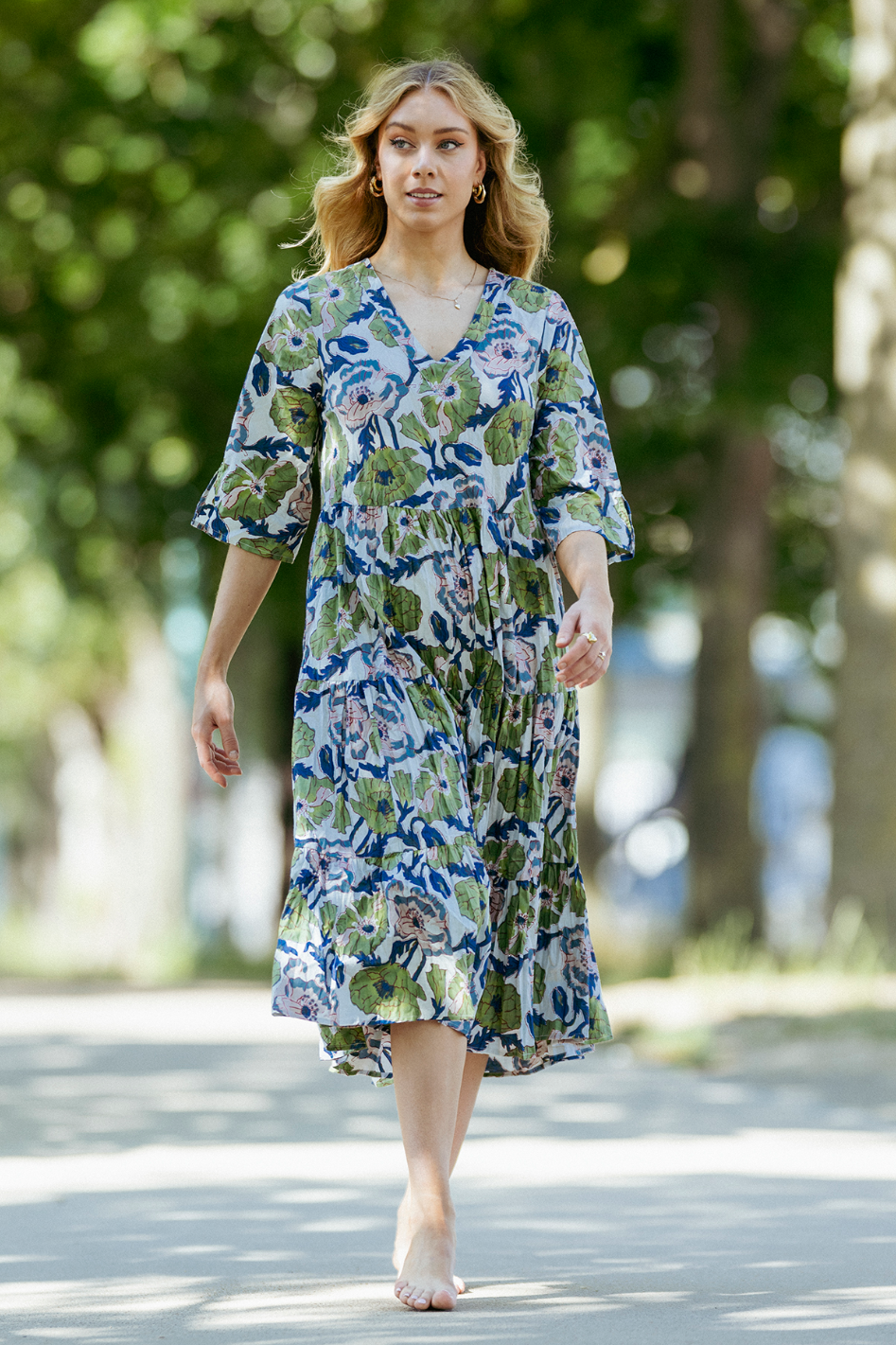 Dress Addict Jok 3/4 Sleeve V Neck Midi Dress | Green Flowers